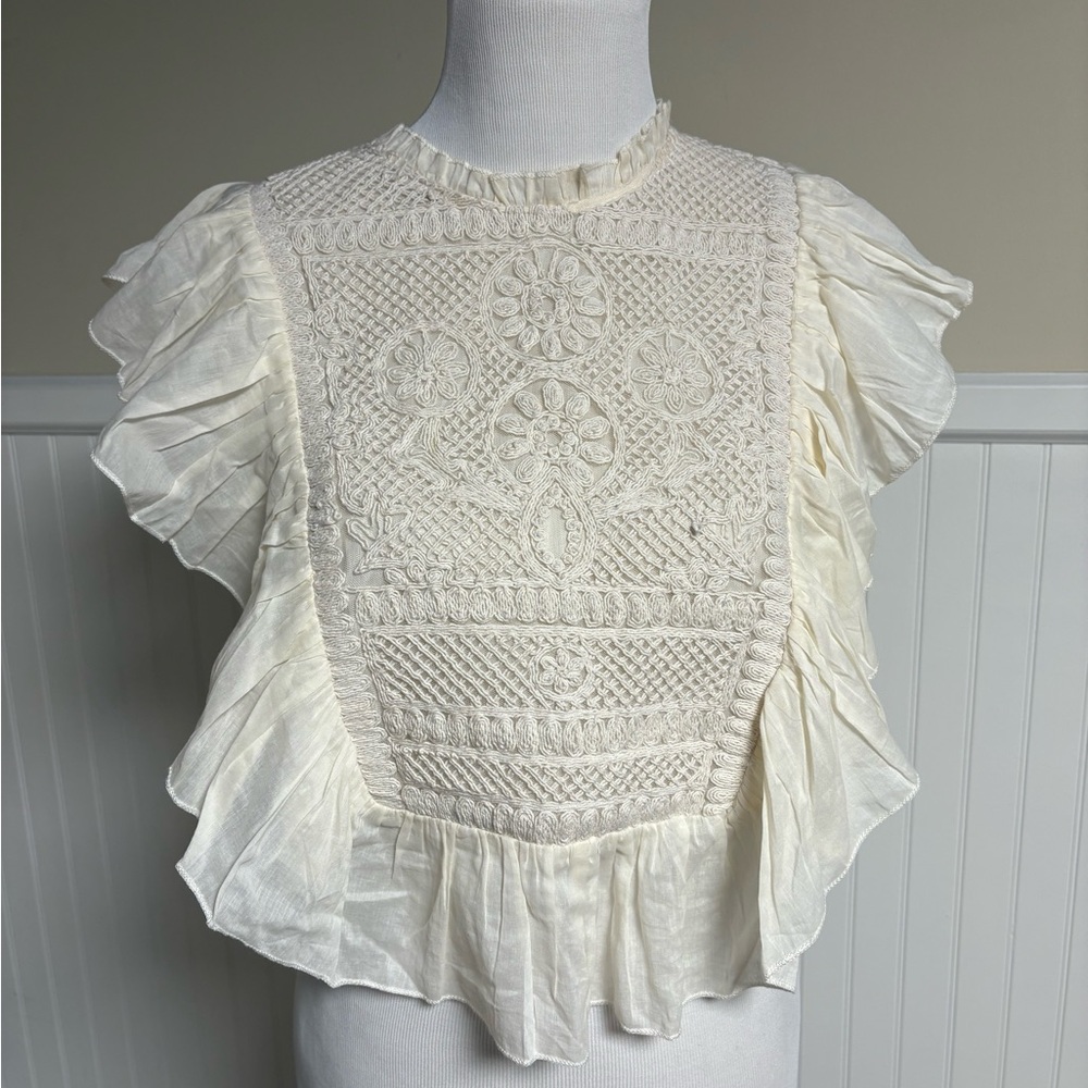 Joie Cream Embroidered Ruffle Blouse